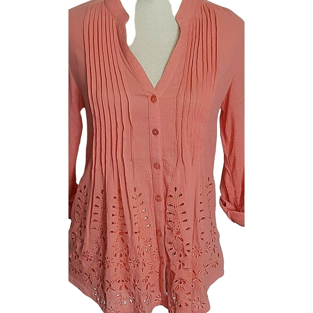 SOFT SURROUNDINGS Glam Gauze Shirt  PXS Women's Embroidered Eyelet Crinkle